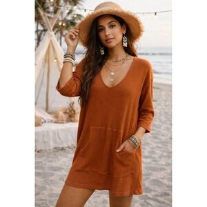 Free People Ribbed Knit Beach Cover Up Tunic Dress brown Pockets L.   Mm